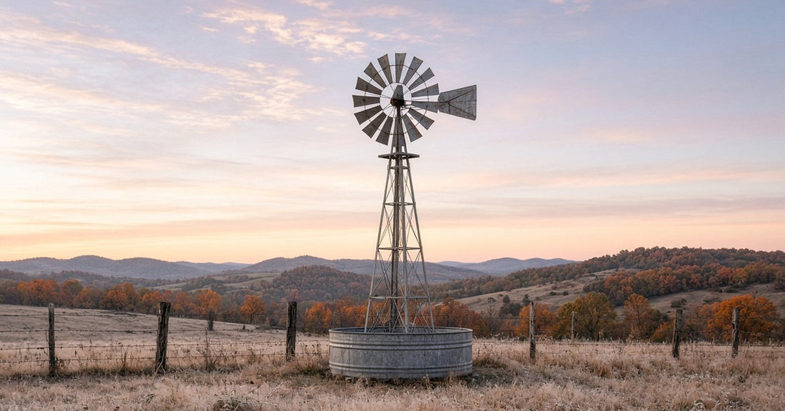Old steel windmill and stock tank on frosty Oklahoma prairie at sunrise