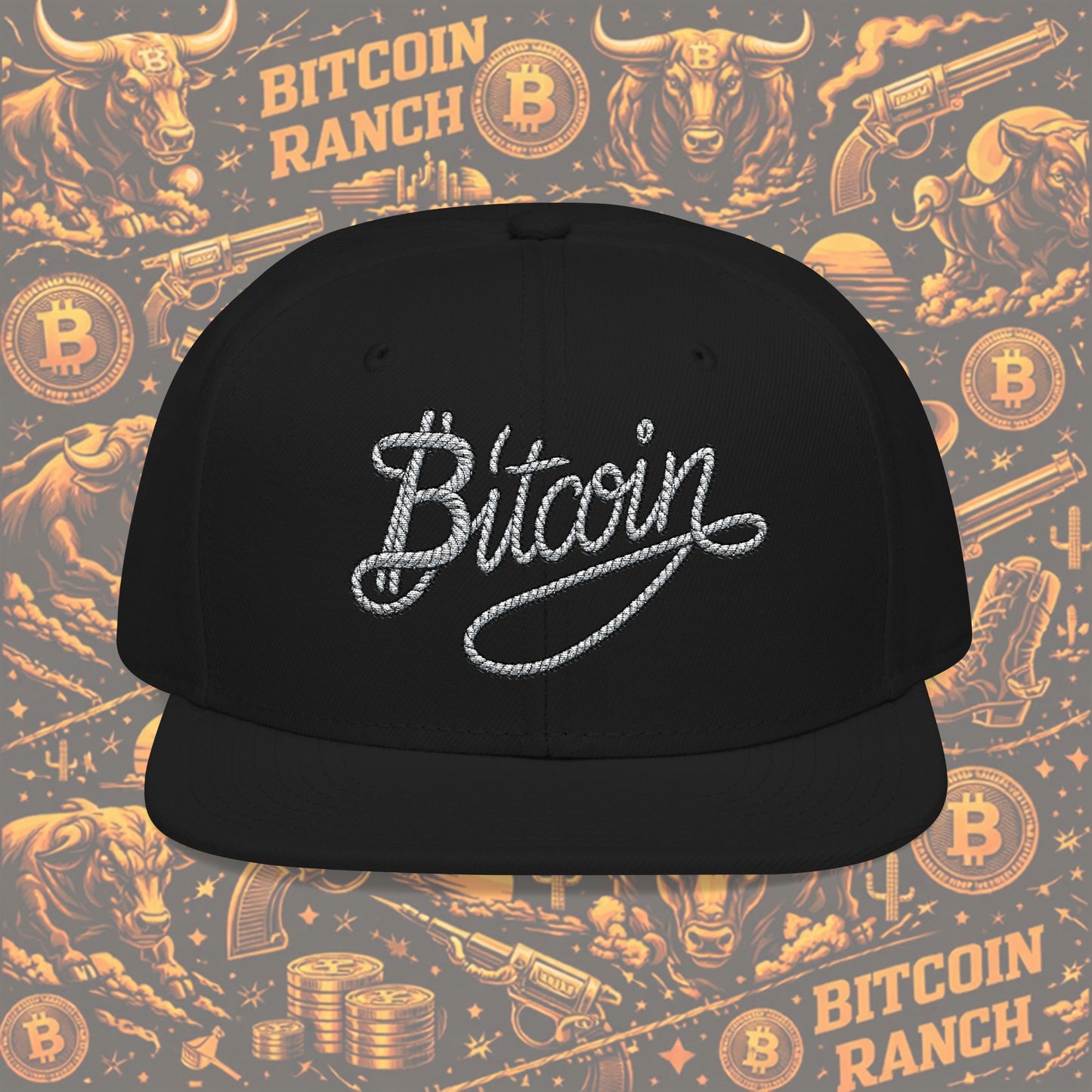 Embroidered Bitcoin Rope Script Snapback Hat