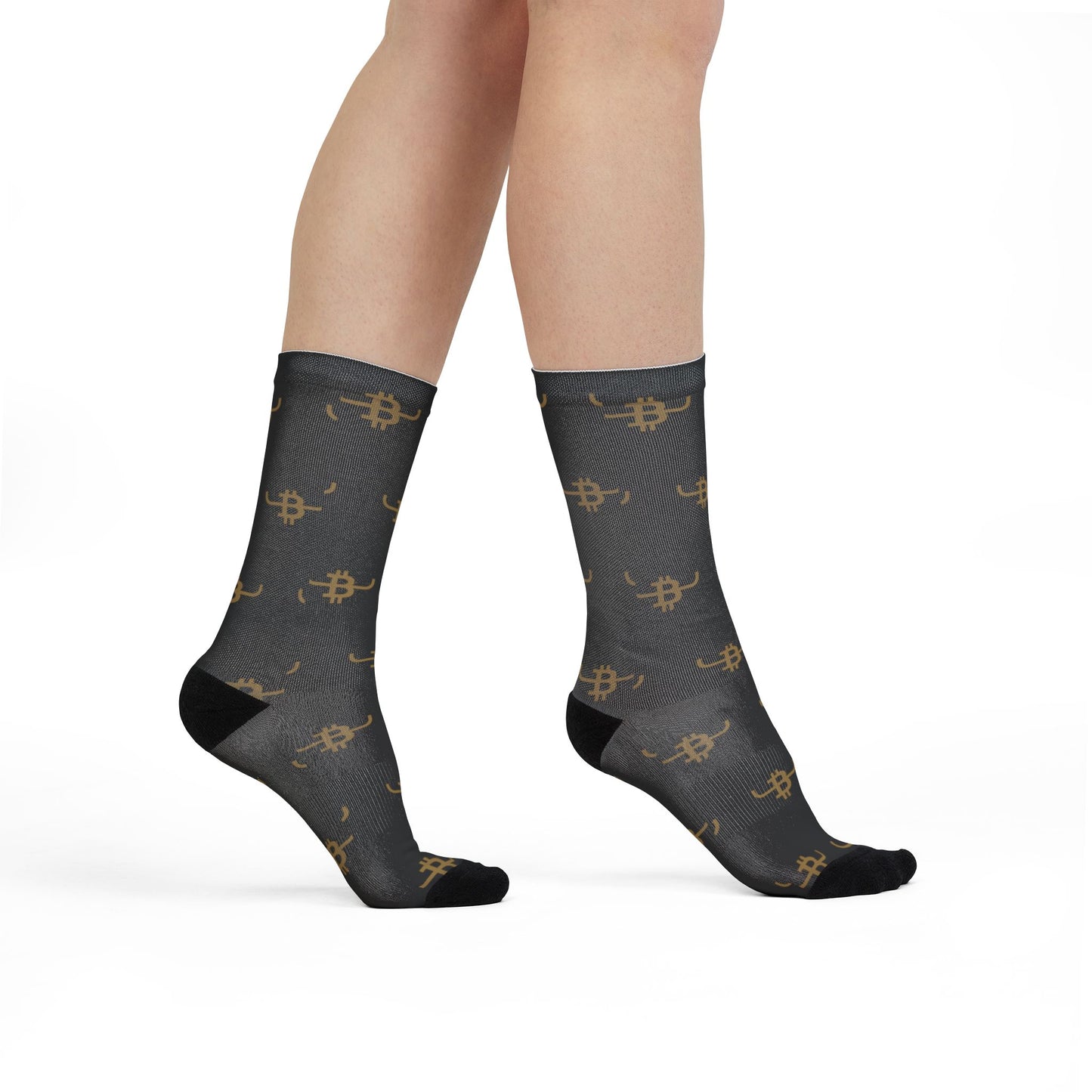 Bull Bitcoin Crew Socks — Gold Bitcoin Patterned Sublimation Socks