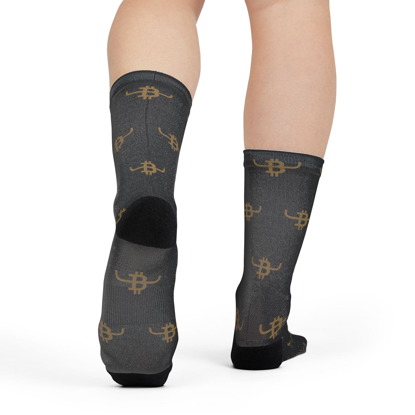 Bull Bitcoin Crew Socks — Gold Bitcoin Patterned Sublimation Socks