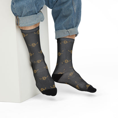 Bull Bitcoin Crew Socks — Gold Bitcoin Patterned Sublimation Socks