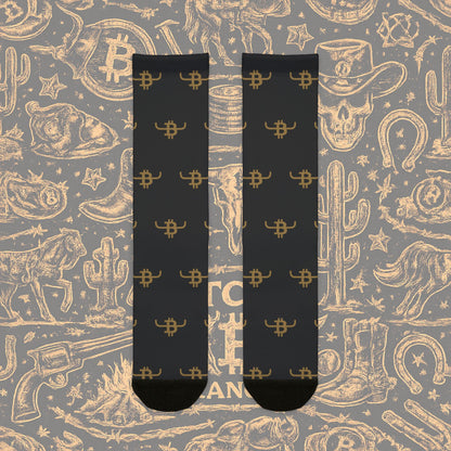 Bull Bitcoin Crew Socks — Gold Bitcoin Patterned Sublimation Socks