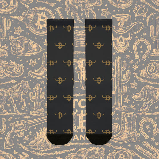 Bull Bitcoin Crew Socks — Gold Bitcoin Patterned Sublimation Socks
