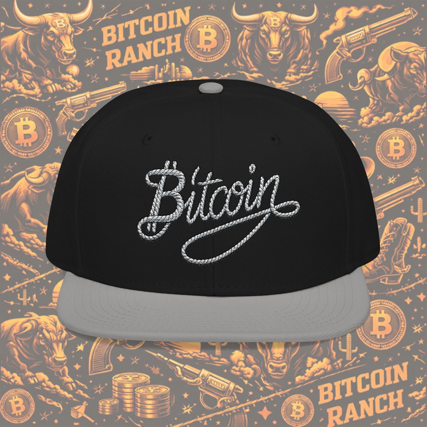 Embroidered Bitcoin Rope Script Snapback Hat