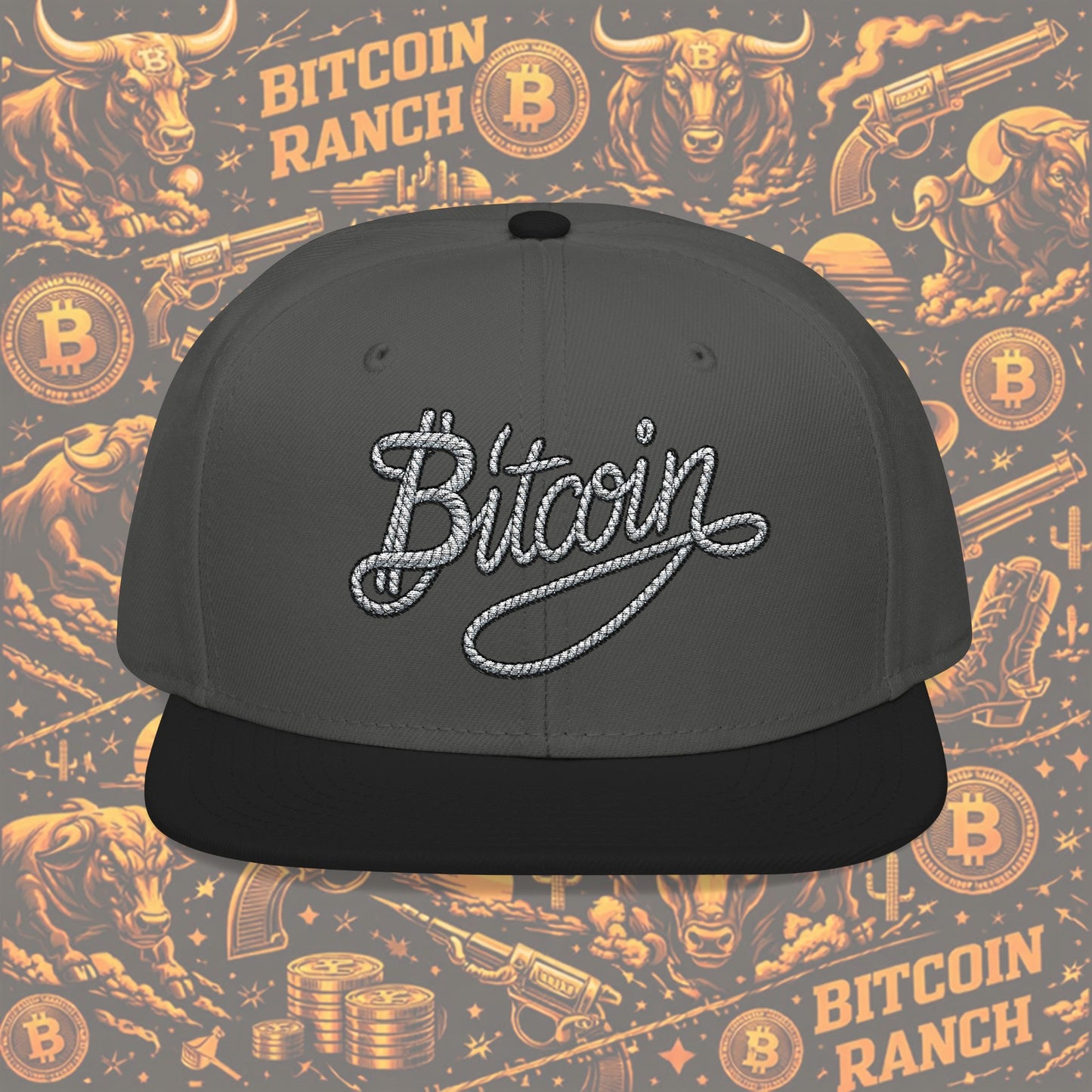 Embroidered Bitcoin Rope Script Snapback Hat